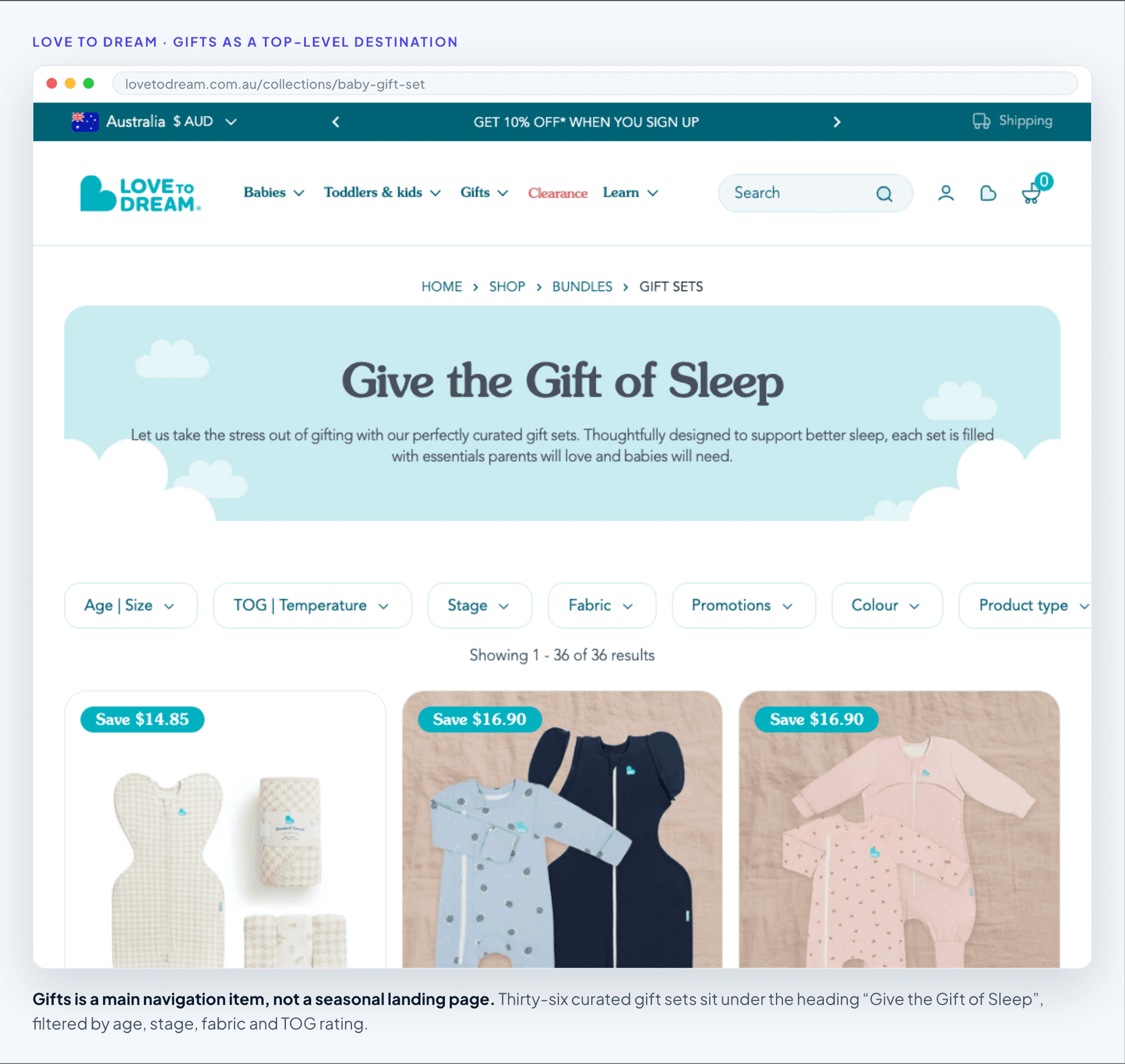 Love to Dream's gift set collection, headed "Give the Gift of Sleep"