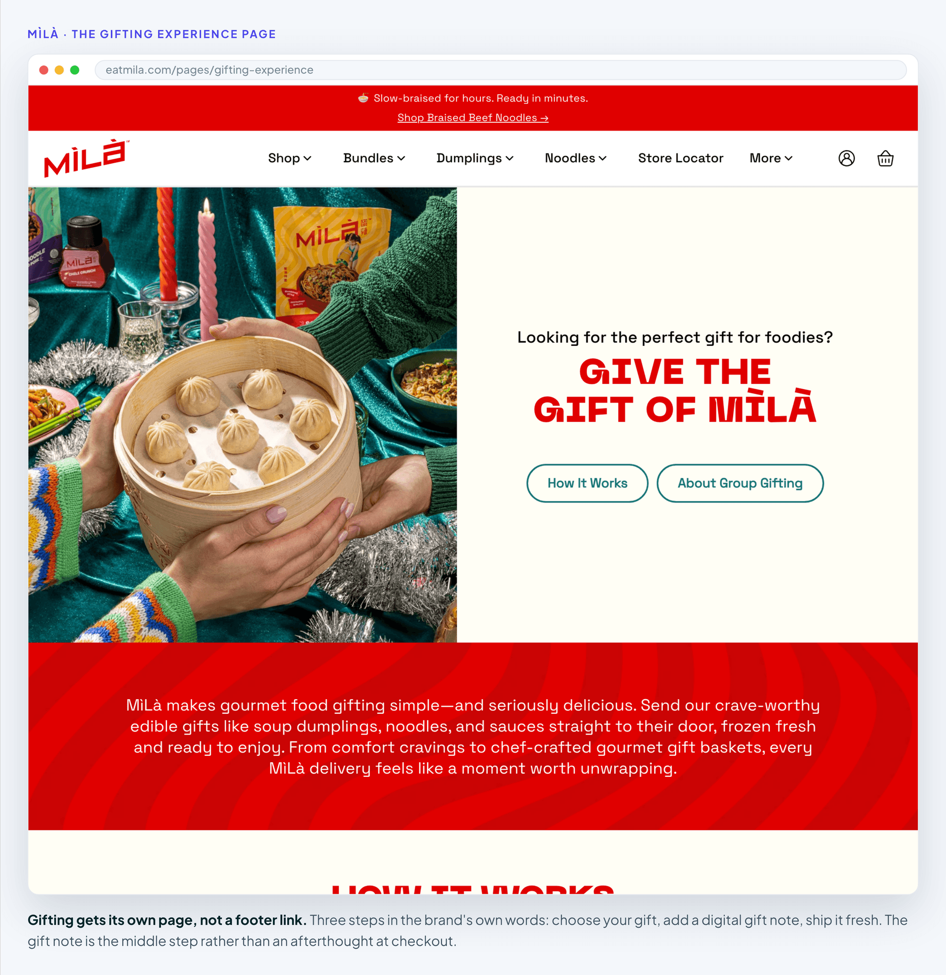 MìLà's gifting experience page at eatmila.com