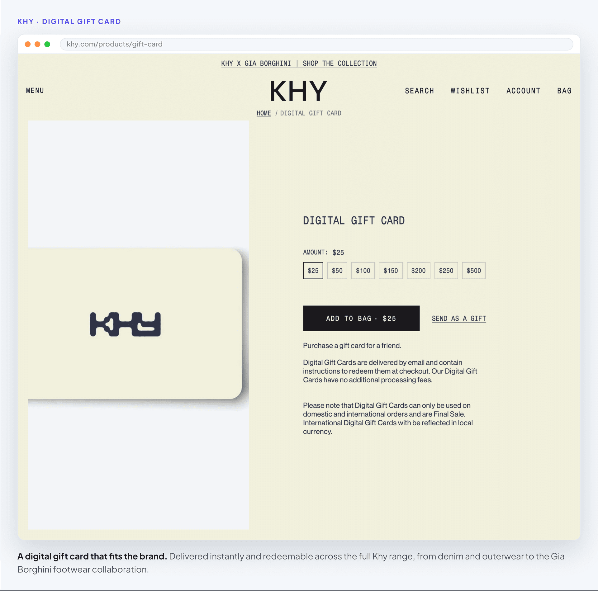 The Khy digital gift card at khy.com