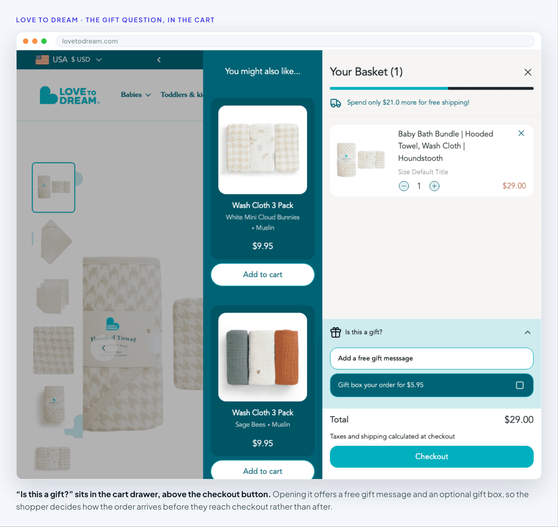 The gift prompt in Love to Dream's cart drawer, above the checkout button