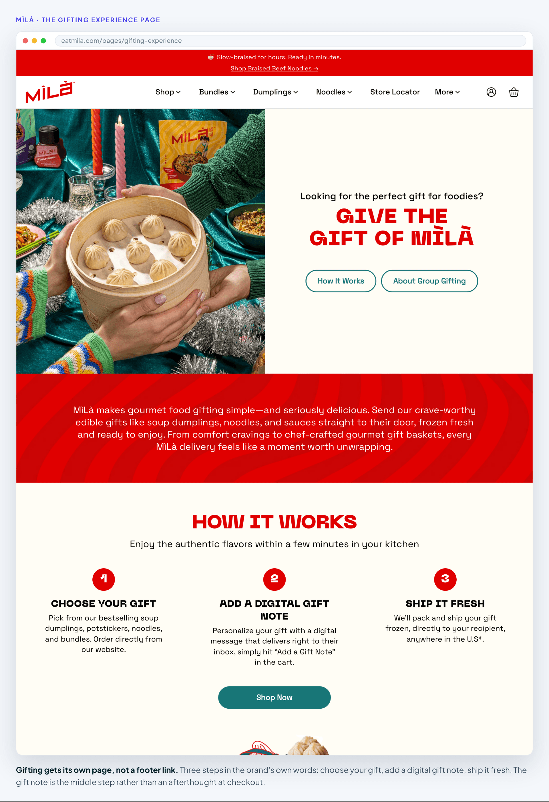 MìLà's gifting experience page at eatmila.com